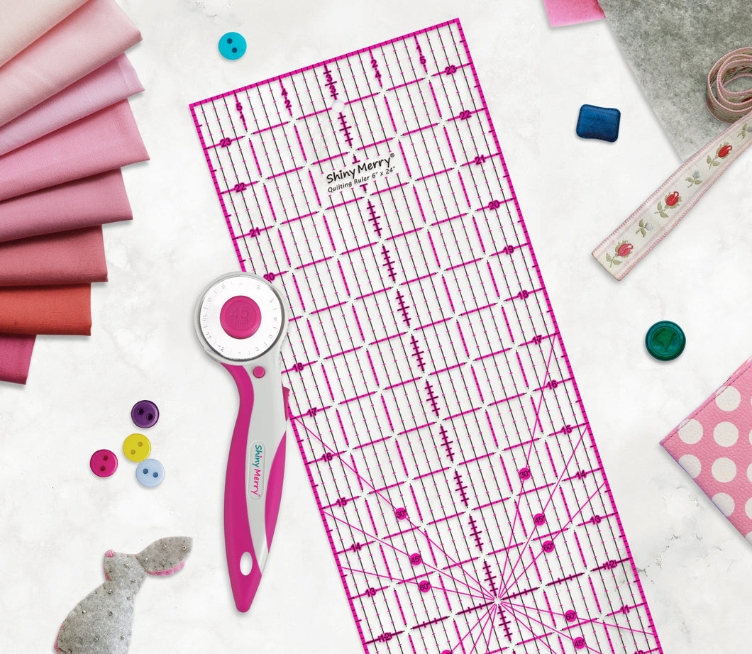 Shiny Merry 6 x 24 inch Transparent Non-Slip Acrylic Quilting Ruler for Precision Cutting, Crafts with Pink and Black Grid